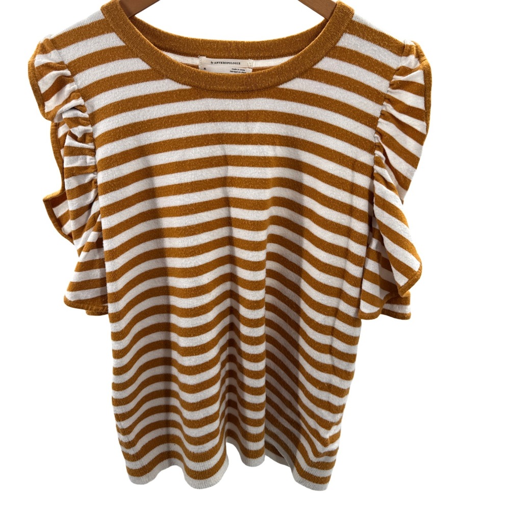 Anthropologie Jillian Knit Top XL Mustard Stripe Ruffle Flutter Sleeve